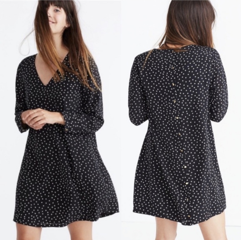 Madewell 100% Silk Star Scatter Print Gold Button-Back Pullover Dress Size M